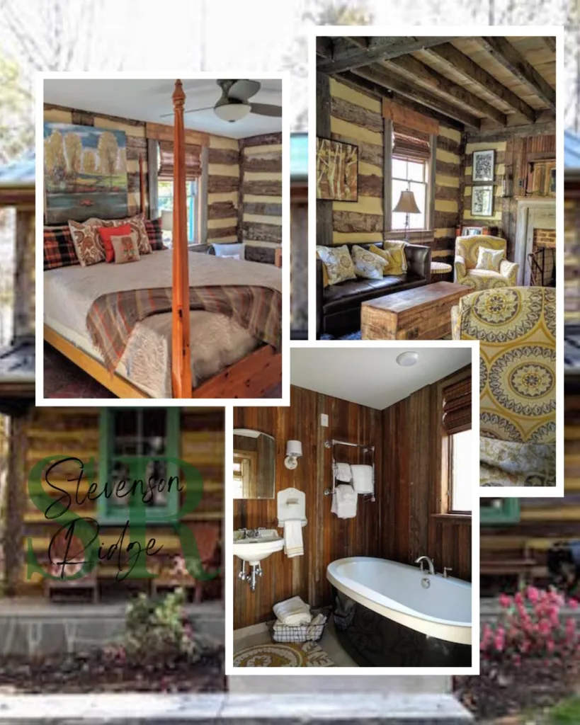 Collage showing the interior of a historic wedding cottage at Stevenson Ridge, featuring a cozy four-poster bed, rustic wood walls, a leather couch, and a luxurious black soaking tub in the modern bathroom.