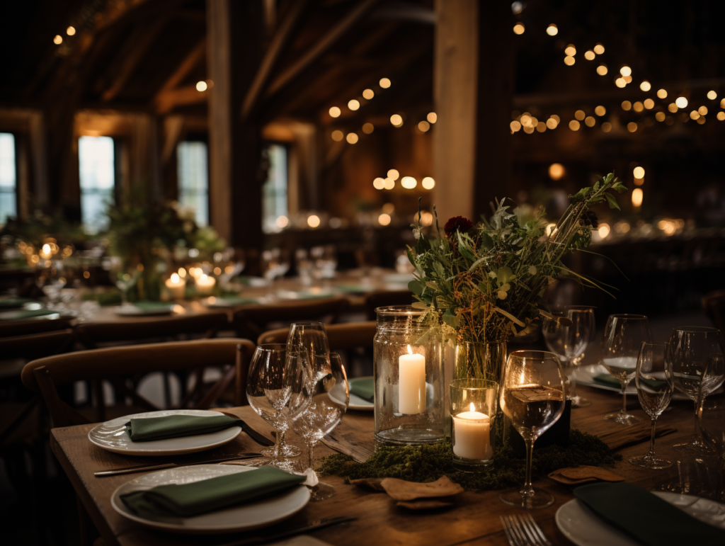 Cozy fall wedding reception centerpiece on a wooden table with greenery, moss, tall pillar candles, wine glasses, and dark green napkins, inside The Lodge at Stevenson Ridge, Spotsylvania.