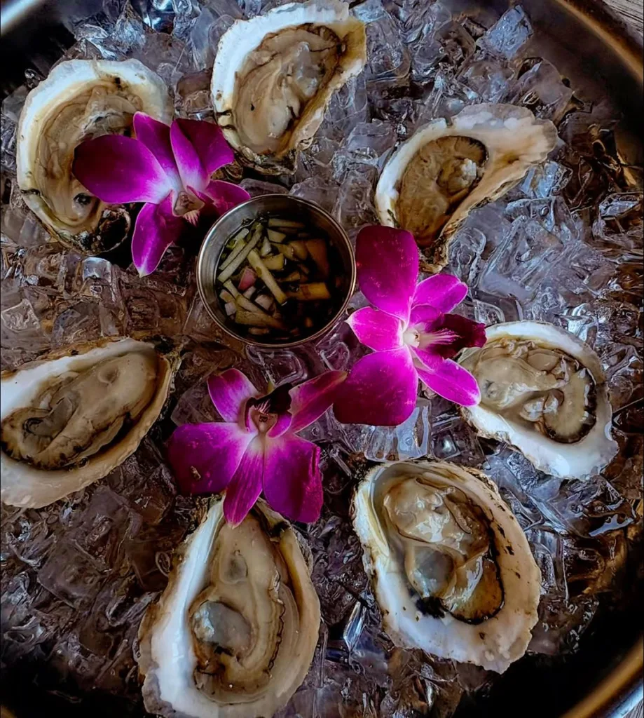 Close-up of six fresh oysters on the half shell served on a bed of crushed ice, garnished with purple orchids and a center cup of mignonette, perfect for a Spotsylvania wedding raw bar or cocktail hour appetizer.
